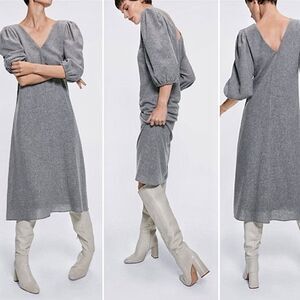 Zara Grey Wool Blend V Neck Puff 3/4 Sleeve Trapeze Midi Dress, Sz. S / M